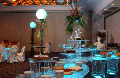 Blue, Lighted, Acrylic Buffet Serving table for rent - for parties and receptions